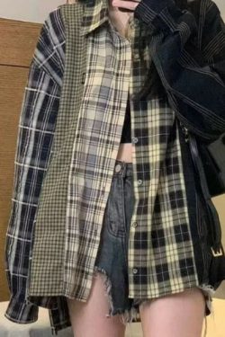 Y2K Grunge Patchwork Plaid Long Sleeve - Retro 90S Summer Outfit, Gothic Y2K Fashion