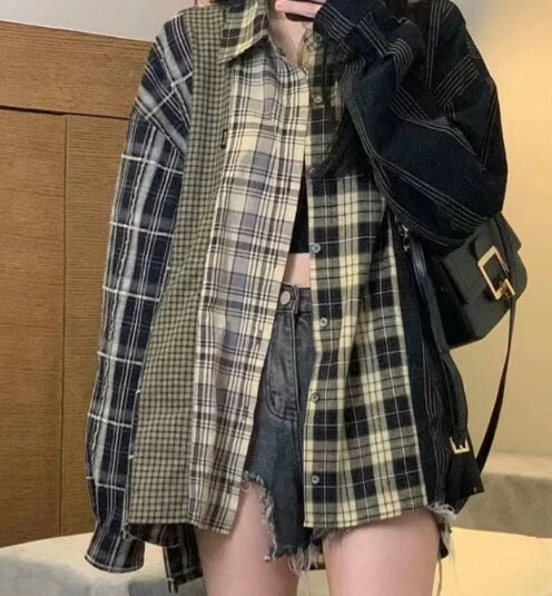 Y2K Grunge Patchwork Plaid Long Sleeve - Retro 90S Summer Outfit, Gothic Y2K Fashion Y2K Grunge Patchwork Plaid Long Sleeve - Retro 90S Summer Outfit, Gothic Y2K Fashion