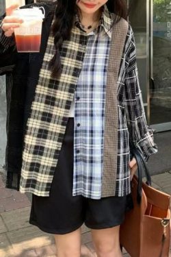 Y2K Grunge Patchwork Plaid Long Sleeve - Retro 90S Summer Outfit, Gothic Y2K Fashion