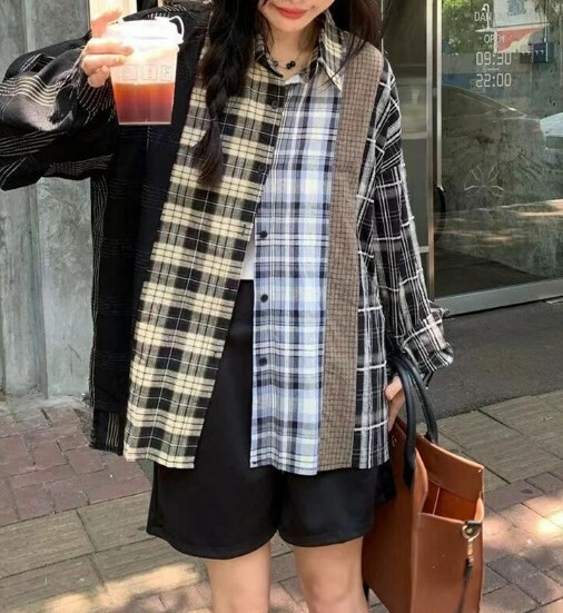 Y2K Grunge Patchwork Plaid Long Sleeve - Retro 90S Summer Outfit, Gothic Y2K Fashion Y2K Grunge Patchwork Plaid Long Sleeve - Retro 90S Summer Outfit, Gothic Y2K Fashion