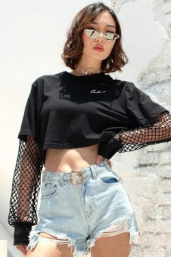 Y2K Grunge Patchwork Sleeve Top - 90S Fashion, Retro Style, Y2K Summer Outfits, Gothic Y2K