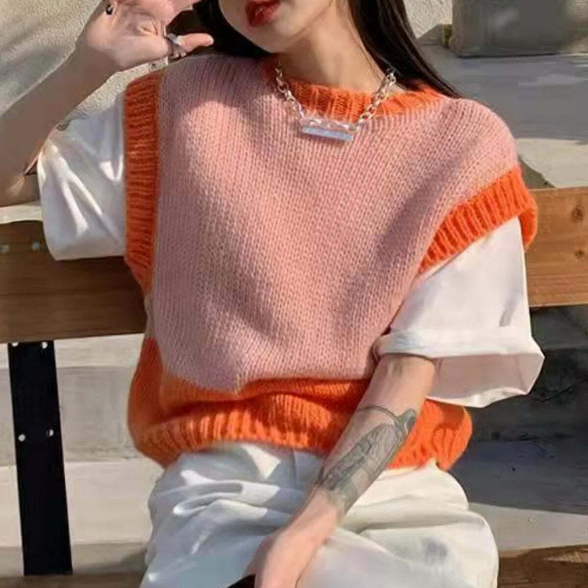 Y2K Grunge Patchwork Sweater Vest - Retro 90S Style Loose Knit Pullover Top For Women Y2K Grunge Patchwork Sweater Vest - Retro 90S Style Loose Knit Pullover Top For Women