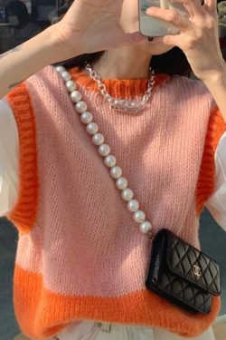 Y2K Grunge Patchwork Sweater Vest - Retro 90S Style Loose Knit Pullover Top For Women