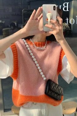 Y2K Grunge Patchwork Sweater Vest - Retro 90S Style Loose Knit Pullover Top For Women