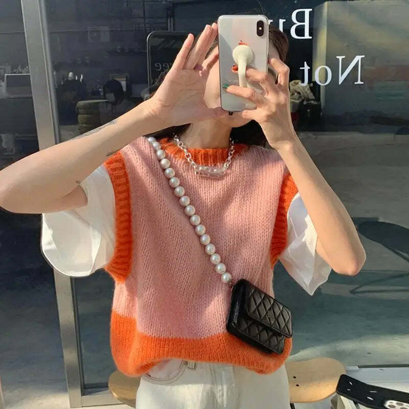 Y2K Grunge Patchwork Sweater Vest - Retro 90S Style Loose Knit Pullover Top For Women Y2K Grunge Patchwork Sweater Vest - Retro 90S Style Loose Knit Pullover Top For Women