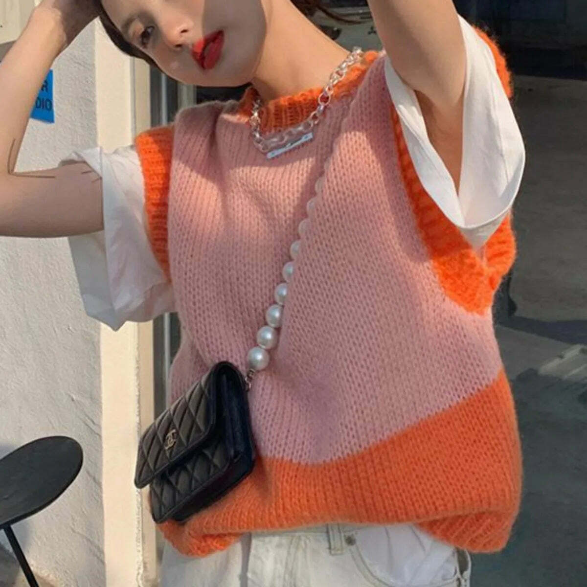 Y2K Grunge Patchwork Sweater Vest - Retro 90S Style Loose Knit Pullover Top For Women Y2K Grunge Patchwork Sweater Vest - Retro 90S Style Loose Knit Pullover Top For Women