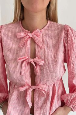 Y2K Grunge Plaid Bow Lace-Up Puff Sleeve Top - Retro 90S Summer Streetwear For Women