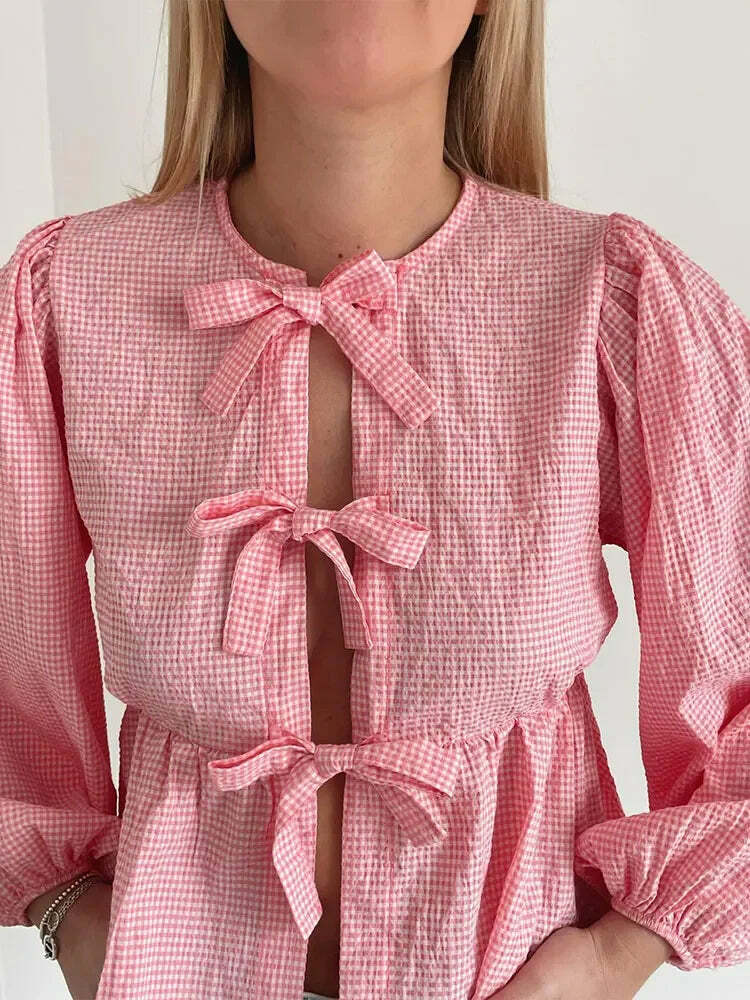 Y2K Grunge Plaid Bow Lace-Up Puff Sleeve Top - Retro 90S Summer Streetwear For Women Y2K Grunge Plaid Bow Lace-Up Puff Sleeve Top - Retro 90S Summer Streetwear For Women
