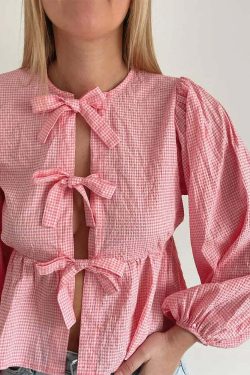 Y2K Grunge Plaid Bow Lace-Up Puff Sleeve Top - Retro 90S Summer Streetwear For Women