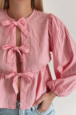 Y2K Grunge Plaid Bow Lace-Up Puff Sleeve Top - Retro 90S Summer Streetwear For Women