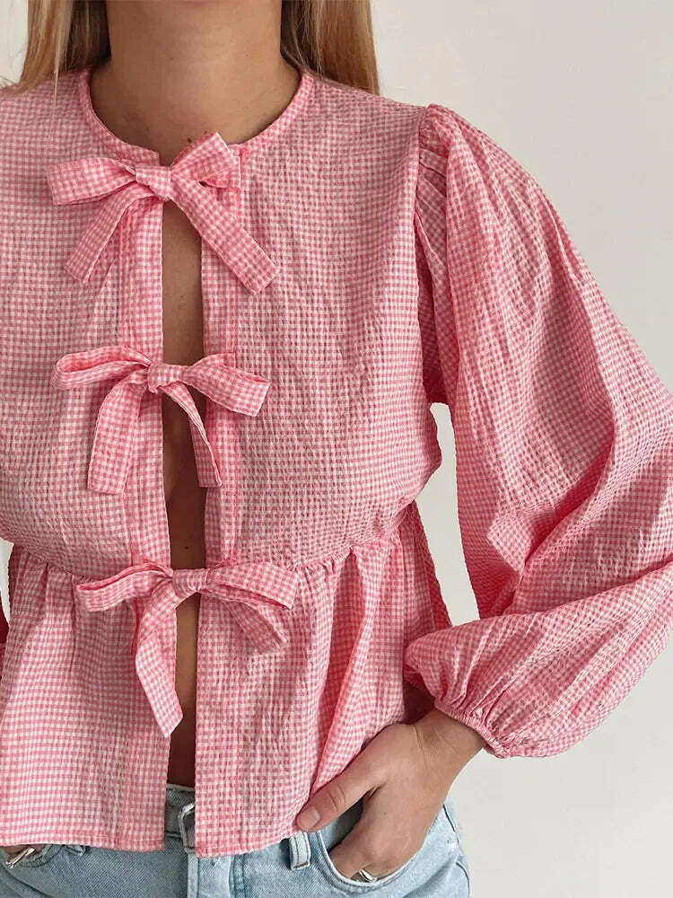 Y2K Grunge Plaid Bow Lace-Up Puff Sleeve Top - Retro 90S Summer Streetwear For Women Y2K Grunge Plaid Bow Lace-Up Puff Sleeve Top - Retro 90S Summer Streetwear For Women