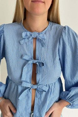 Y2K Grunge Plaid Bow Lace-Up Puff Sleeve Top - Retro 90S Summer Streetwear For Women