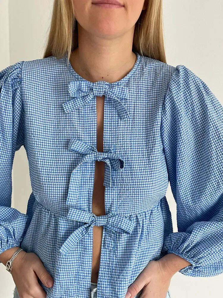 Y2K Grunge Plaid Bow Lace-Up Puff Sleeve Top - Retro 90S Summer Streetwear For Women Y2K Grunge Plaid Bow Lace-Up Puff Sleeve Top - Retro 90S Summer Streetwear For Women