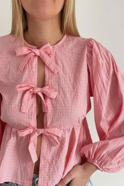 Y2K Grunge Plaid Bow Lace-Up Puff Sleeve Top - Retro 90S Summer Streetwear For Women