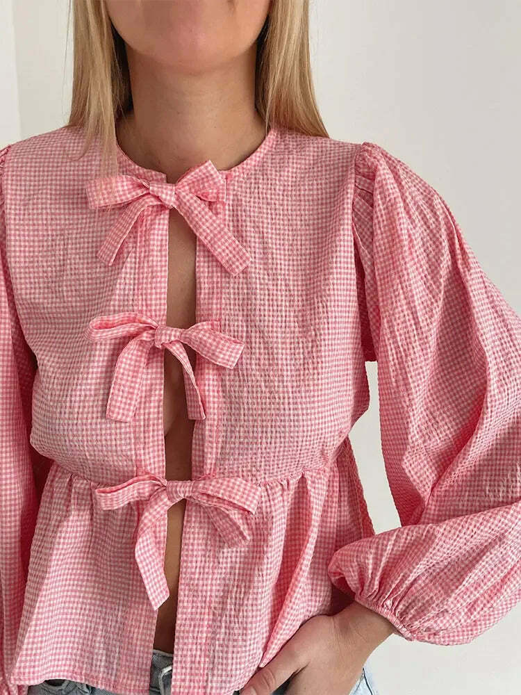 Y2K Grunge Plaid Bow Lace-Up Puff Sleeve Top - Retro 90S Summer Streetwear For Women Y2K Grunge Plaid Bow Lace-Up Puff Sleeve Top - Retro 90S Summer Streetwear For Women
