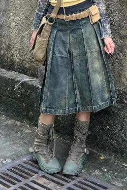 Y2K Grunge Pleated A-Line Denim Skirt - Retro 90S American Blue Mid-Length Faldas Mujer