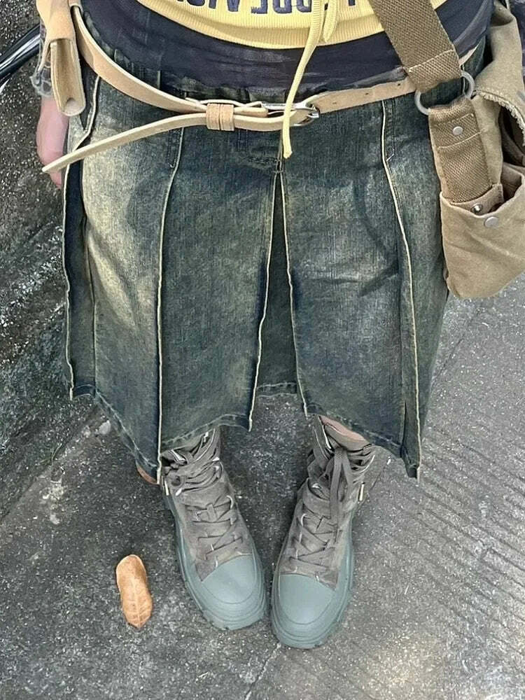 Y2K Grunge Pleated A-Line Denim Skirt - Retro 90S American Blue Mid-Length Faldas Mujer