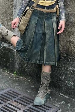 Y2K Grunge Pleated A-Line Denim Skirt - Retro 90S American Blue Mid-Length Faldas Mujer