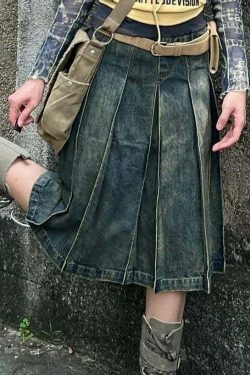Y2K Grunge Pleated A-Line Denim Skirt - Retro 90S American Blue Mid-Length Faldas Mujer