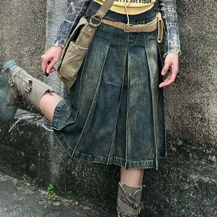 Y2K Grunge Pleated A-Line Denim Skirt - Retro 90S American Blue Mid-Length Faldas Mujer