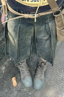 Y2K Grunge Pleated A-Line Denim Skirt - Retro 90S American Blue Mid-Length Faldas Mujer