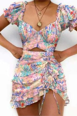 Y2K Grunge Print Drawstring Ruffle Edge Sexy Off Waist Short Sleeve Casual Office Dress