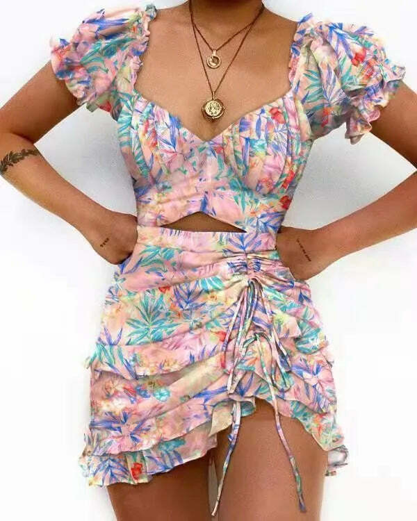 Y2K Grunge Print Drawstring Ruffle Edge Sexy Off Waist Short Sleeve Casual Office Dress