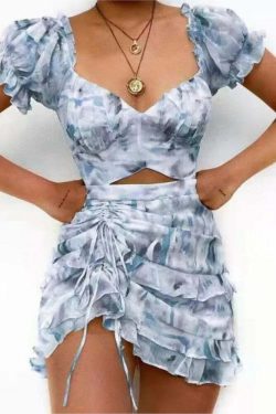 Y2K Grunge Print Drawstring Ruffle Edge Sexy Off Waist Short Sleeve Casual Office Dress