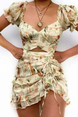 Y2K Grunge Print Drawstring Ruffle Edge Sexy Off Waist Short Sleeve Casual Office Dress