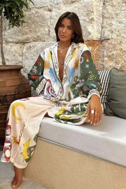 Y2K Grunge Print Shirt & Wide Leg Pants Set - Retro 90S Summer High Street Fashion Outfit