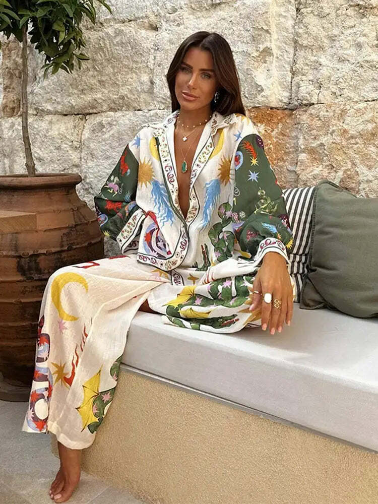 Y2K Grunge Print Shirt & Wide Leg Pants Set - Retro 90S Summer High Street Fashion Outfit Y2K Grunge Print Shirt & Wide Leg Pants Set - Retro 90S Summer High Street Fashion Outfit