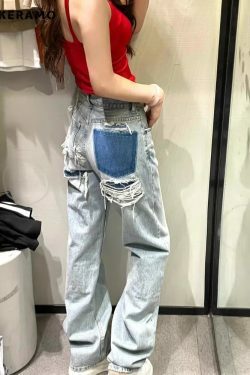 Y2K Grunge Retro Wide Leg Baggy Denim Jeans - Harajuku Patchwork High Waist Loose 90S Pants