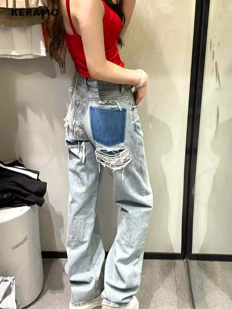 Y2K Grunge Retro Wide Leg Baggy Denim Jeans - Harajuku Patchwork High Waist Loose 90S Pants