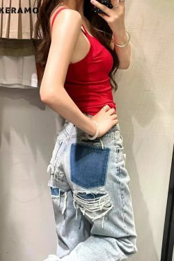 Y2K Grunge Retro Wide Leg Baggy Denim Jeans - Harajuku Patchwork High Waist Loose 90S Pants