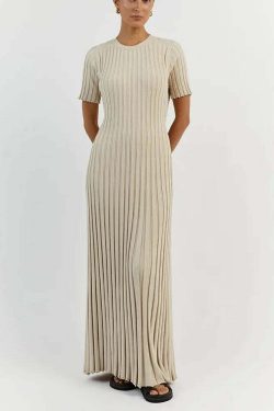 Y2K Grunge Ribbed Knitted Maxi Dress - O-Neck, Short Sleeve, Pleated Lace-Up Summer Streetwear