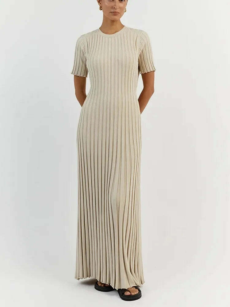 Y2K Grunge Ribbed Knitted Maxi Dress - O-Neck, Short Sleeve, Pleated Lace-Up Summer Streetwear
