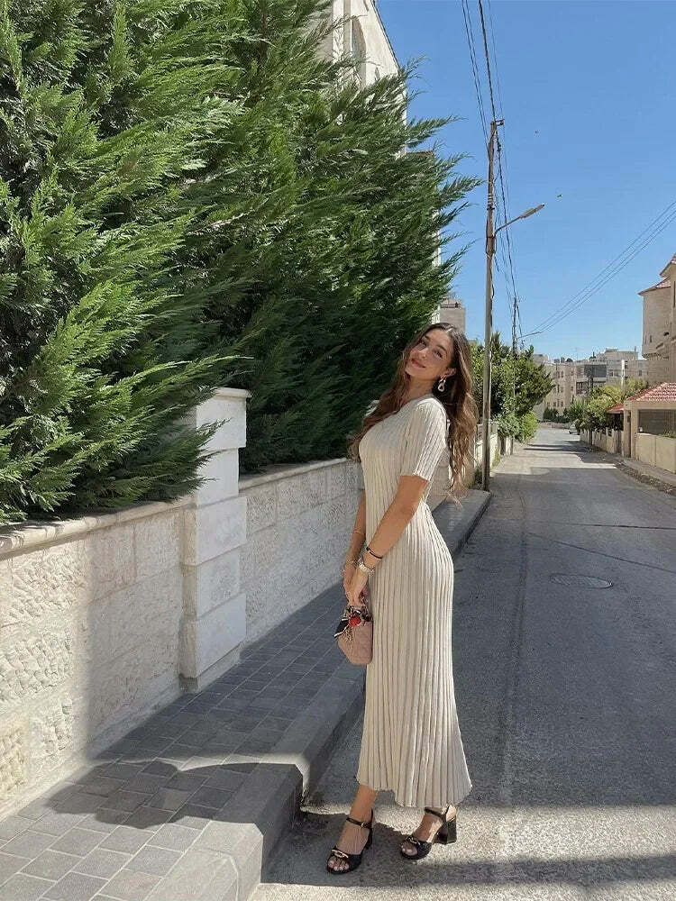 Y2K Grunge Ribbed Knitted Maxi Dress - O-Neck, Short Sleeve, Pleated Lace-Up Summer Streetwear