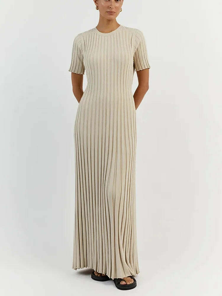 Y2K Grunge Ribbed Knitted Maxi Dress - O-Neck, Short Sleeve, Pleated Lace-Up Summer Streetwear