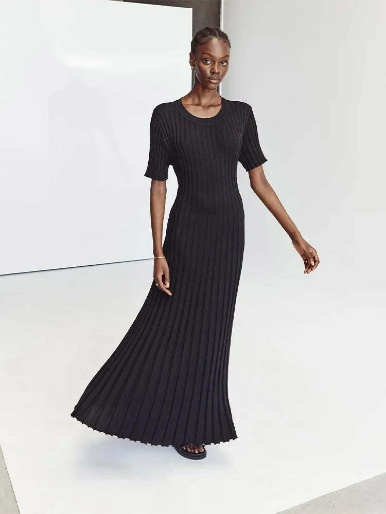 Y2K Grunge Ribbed Knitted Maxi Dress - O-Neck, Short Sleeve, Pleated Lace-Up Summer Streetwear