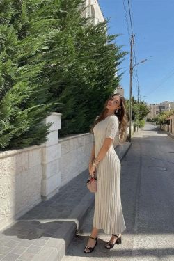 Y2K Grunge Ribbed Knitted Maxi Dress - O-Neck, Short Sleeve, Pleated Lace-Up Summer Streetwear