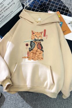 Y2K Grunge Samurai Cat Hoodie - Retro 90S Fashion, Pastel Goth, Y2K Summer & Party Outfits