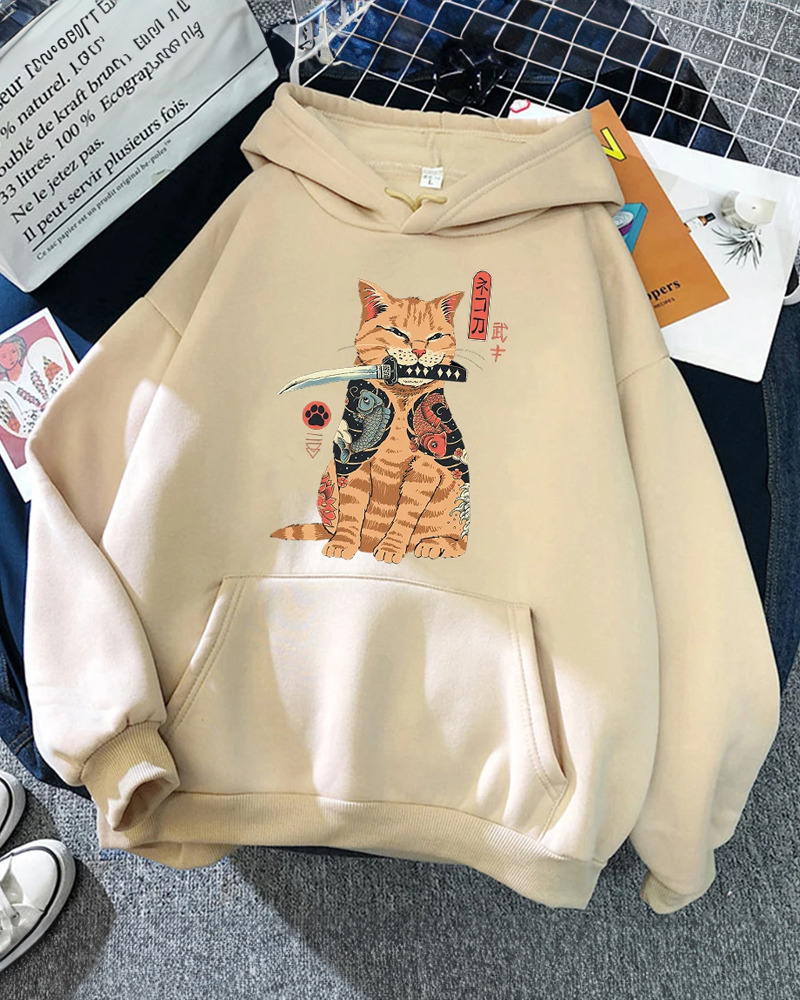 Y2K Grunge Samurai Cat Hoodie - Retro 90S Fashion, Pastel Goth, Y2K Summer & Party Outfits Y2K Grunge Samurai Cat Hoodie - Retro 90S Fashion, Pastel Goth, Y2K Summer & Party Outfits
