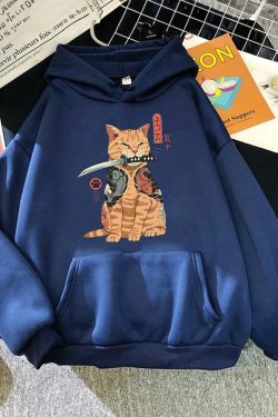 Y2K Grunge Samurai Cat Hoodie - Retro 90S Fashion, Pastel Goth, Y2K Summer & Party Outfits
