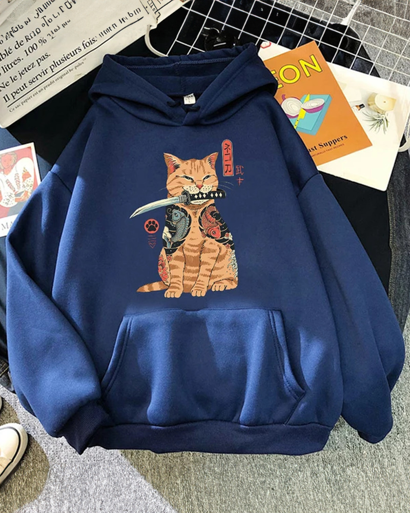 Y2K Grunge Samurai Cat Hoodie - Retro 90S Fashion, Pastel Goth, Y2K Summer & Party Outfits Y2K Grunge Samurai Cat Hoodie - Retro 90S Fashion, Pastel Goth, Y2K Summer & Party Outfits