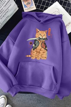 Y2K Grunge Samurai Cat Hoodie - Retro 90S Fashion, Pastel Goth, Y2K Summer & Party Outfits