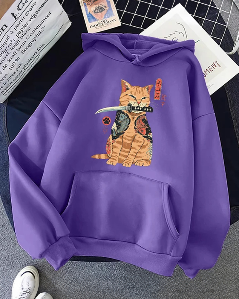 Y2K Grunge Samurai Cat Hoodie - Retro 90S Fashion, Pastel Goth, Y2K Summer & Party Outfits Y2K Grunge Samurai Cat Hoodie - Retro 90S Fashion, Pastel Goth, Y2K Summer & Party Outfits