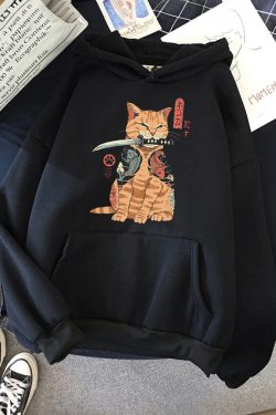 Y2K Grunge Samurai Cat Hoodie - Retro 90S Fashion, Pastel Goth, Y2K Summer & Party Outfits