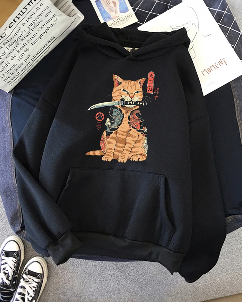 Y2K Grunge Samurai Cat Hoodie - Retro 90S Fashion, Pastel Goth, Y2K Summer & Party Outfits Y2K Grunge Samurai Cat Hoodie - Retro 90S Fashion, Pastel Goth, Y2K Summer & Party Outfits