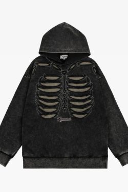 Y2K Grunge Skeleton Ribcage Hoodie - 90S Retro Goth Fashion, Perfect For Y2K Summer Outfits