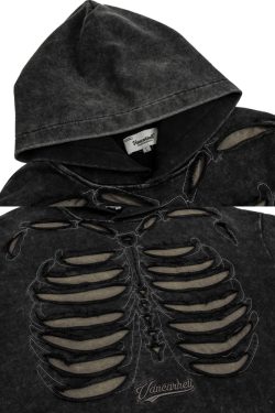 Y2K Grunge Skeleton Ribcage Hoodie - 90S Retro Goth Fashion, Perfect For Y2K Summer Outfits